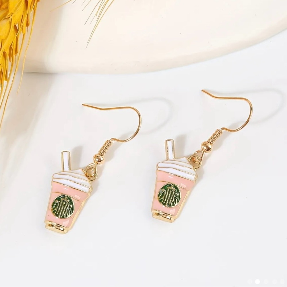 💥1pair Girl's Cute Fashion Faux Pearl Milk Tea Drink Coffee Earrings